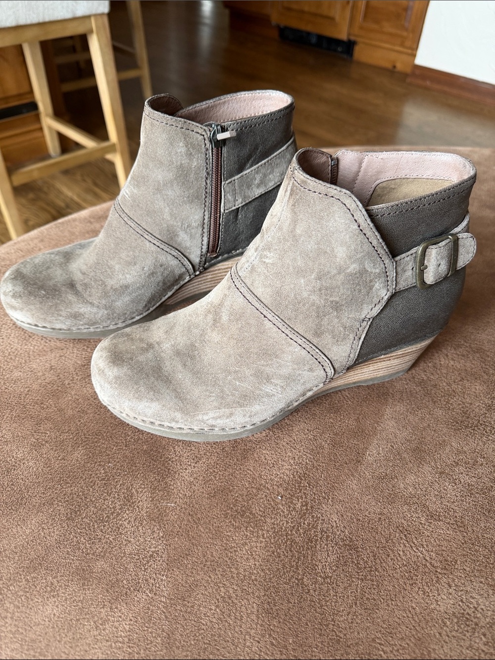 Dansko Taupe Suede Wedge Ankle Booties with Side Buckle